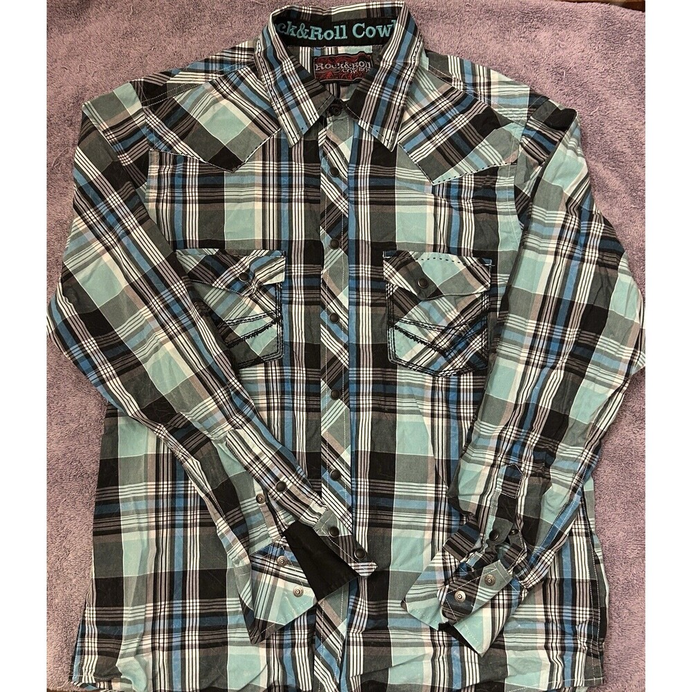 Rock & Roll Cowboy Mens Large Long Sleeve Faded Weathered Look Snap Shirt